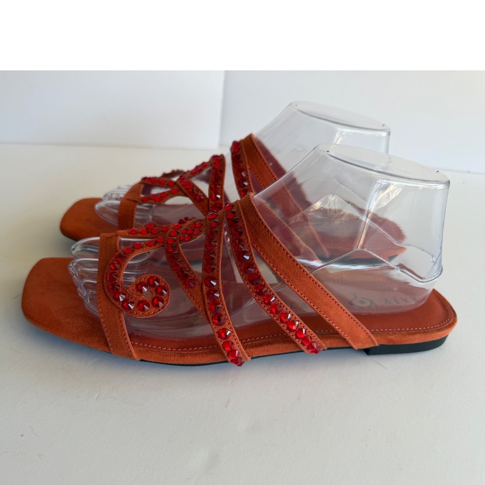 Katy Perry The Anay Rust Orange Rhinestone Strappy‎ Square Toe Flat Sandals 10M